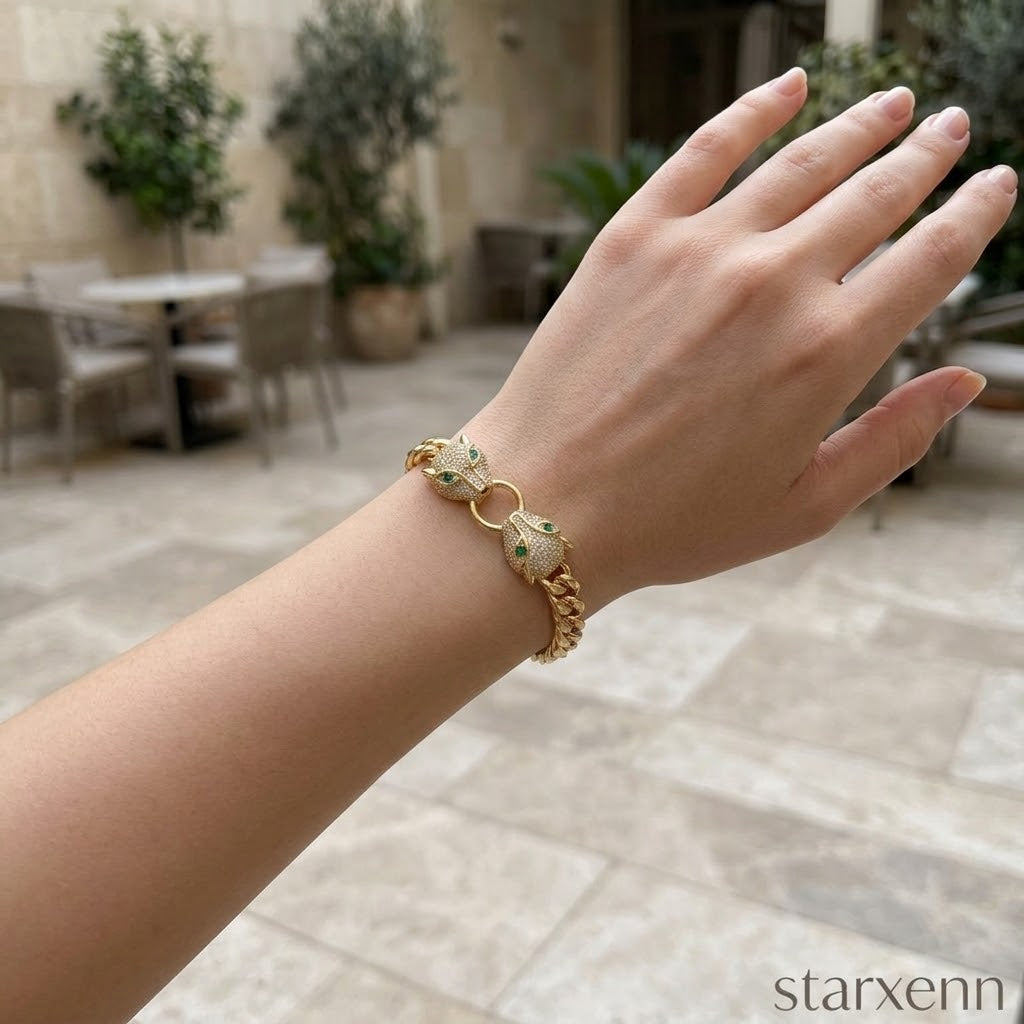 Çift başlı panter 18k altın kaplama zirkon taş 316L Çelik