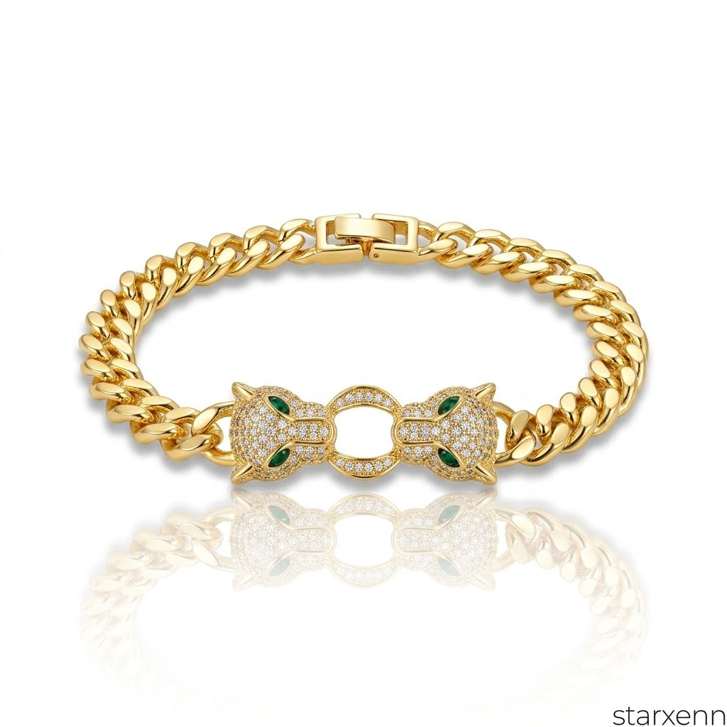 Çift başlı panter 18k altın kaplama zirkon taş 316L Çelik