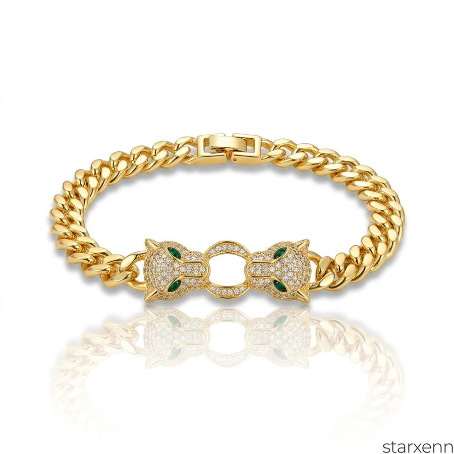 Çift başlı panter 18k altın kaplama zirkon taş 316L Çelik